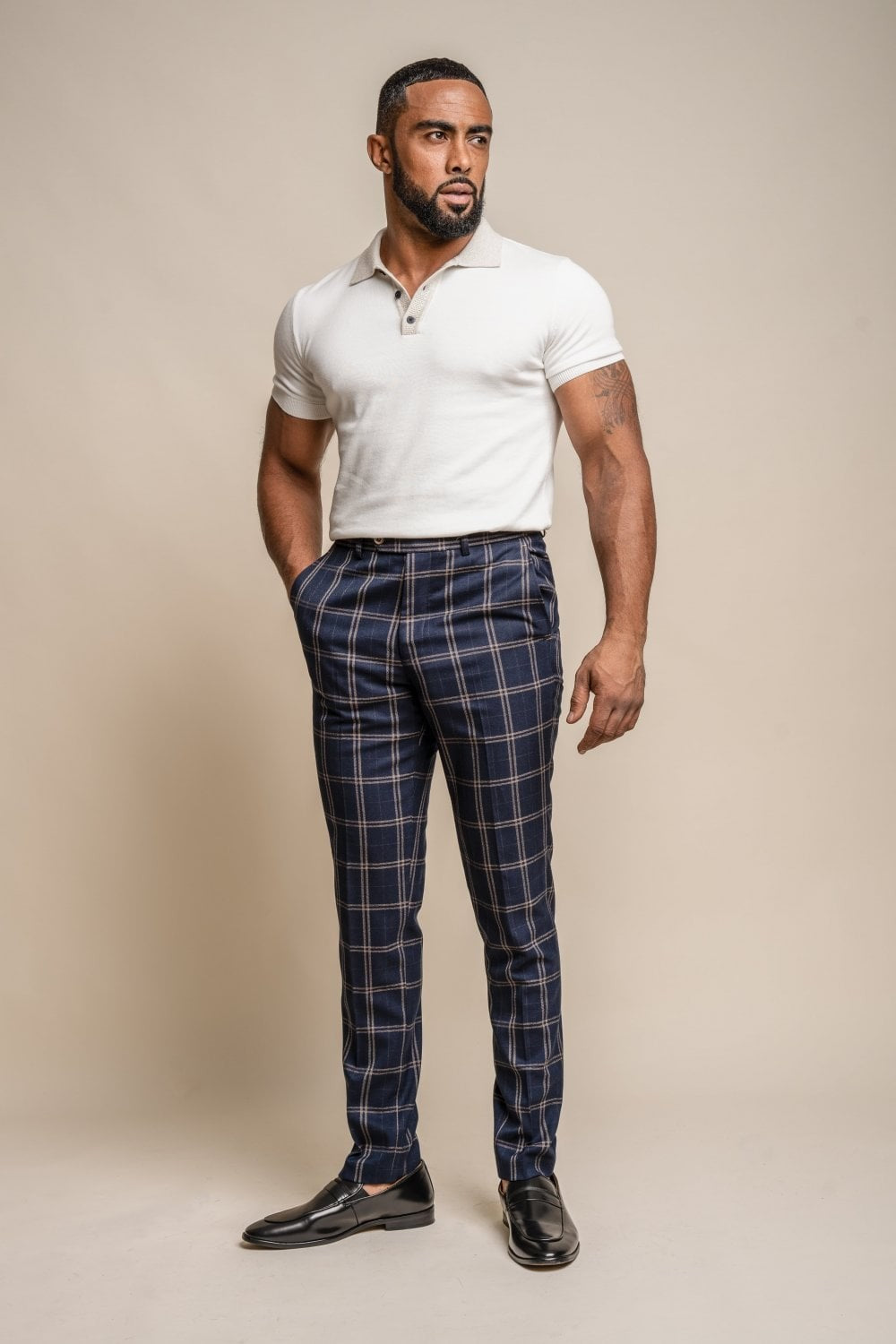 Pantalon à carreaux rétro bleu marine pour hommes - HARDY - Bleu Marine