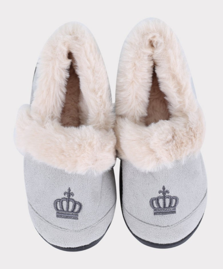 Boys Plush Comfortable Crown Slippers - Cream - Grey