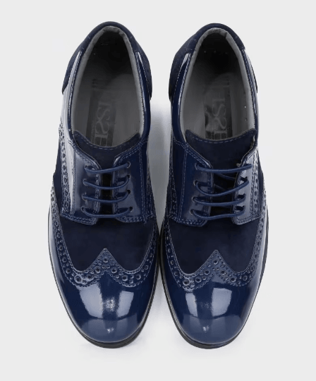 Chaussures Derby Brogue en Cuir Verni et Suède pour Garçons - Bleu Marine