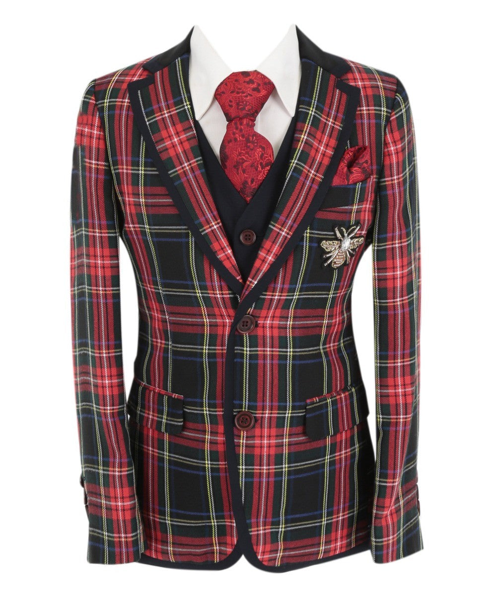 Costume à Carreaux Stewart Tartan pour Garçons - Noir et Rouge