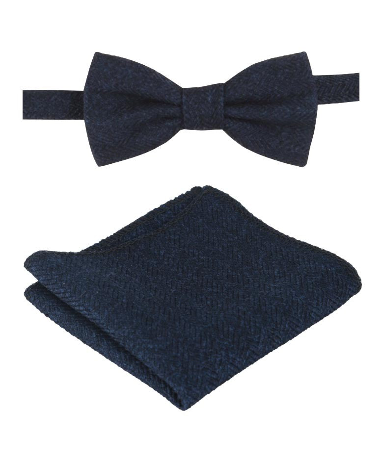 Boys & Men's Herringbone Tweed Bow Tie and Pocket Square - Navy Blue