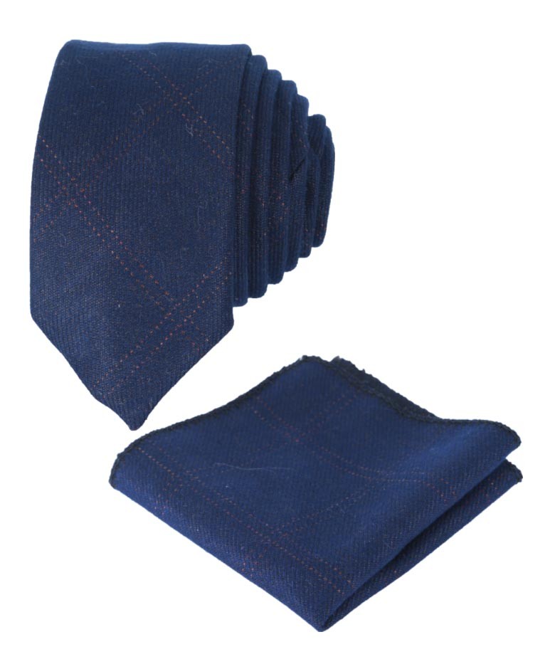 Jungen & Herren Tweed Karo Schlanke Krawatten-Set - Navyblau