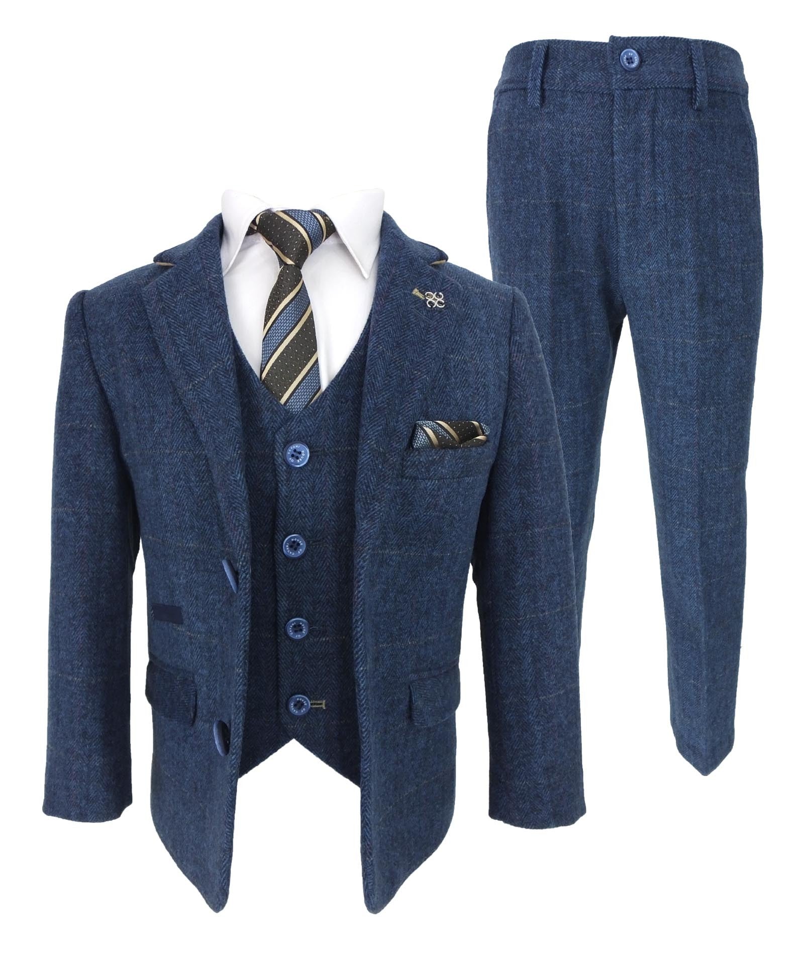 Costume en Tweed à Chevrons Slim Fit Bleu Marine pour Garçons - CARNEGI - Bleu Marine