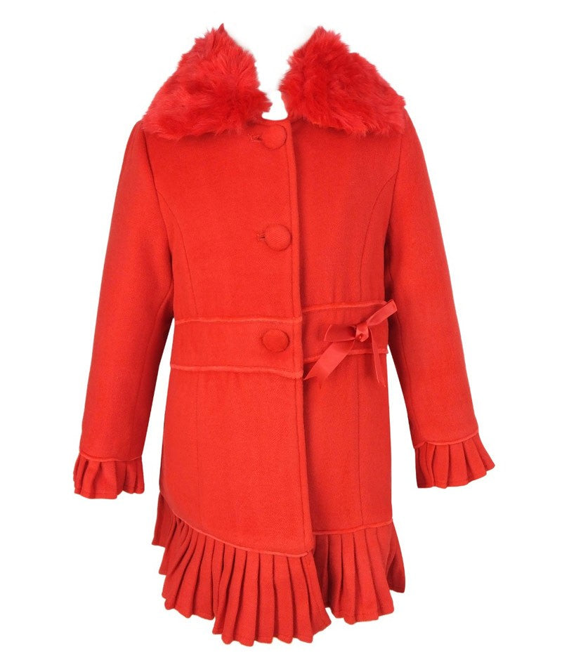 Girls Coat with Detachable Fur Collar and Hat Set - Red