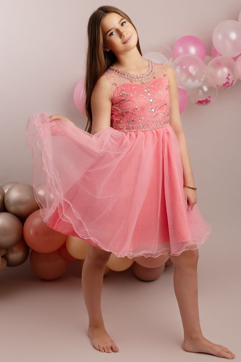 Robe en tulle avec embellissements en sequins pour filles - LOLA - Rose Corail