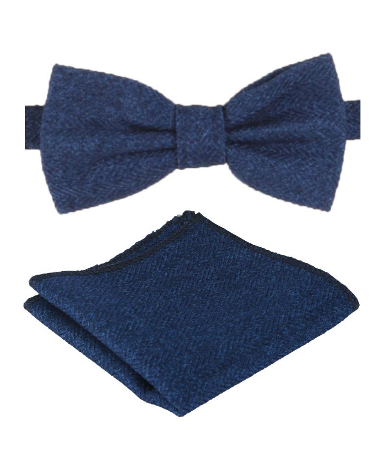 Ensemble Nœud Papillon et Mouchoir de Poche en Tweed à Motif Chevron pour Garçons et Hommes - Bleu