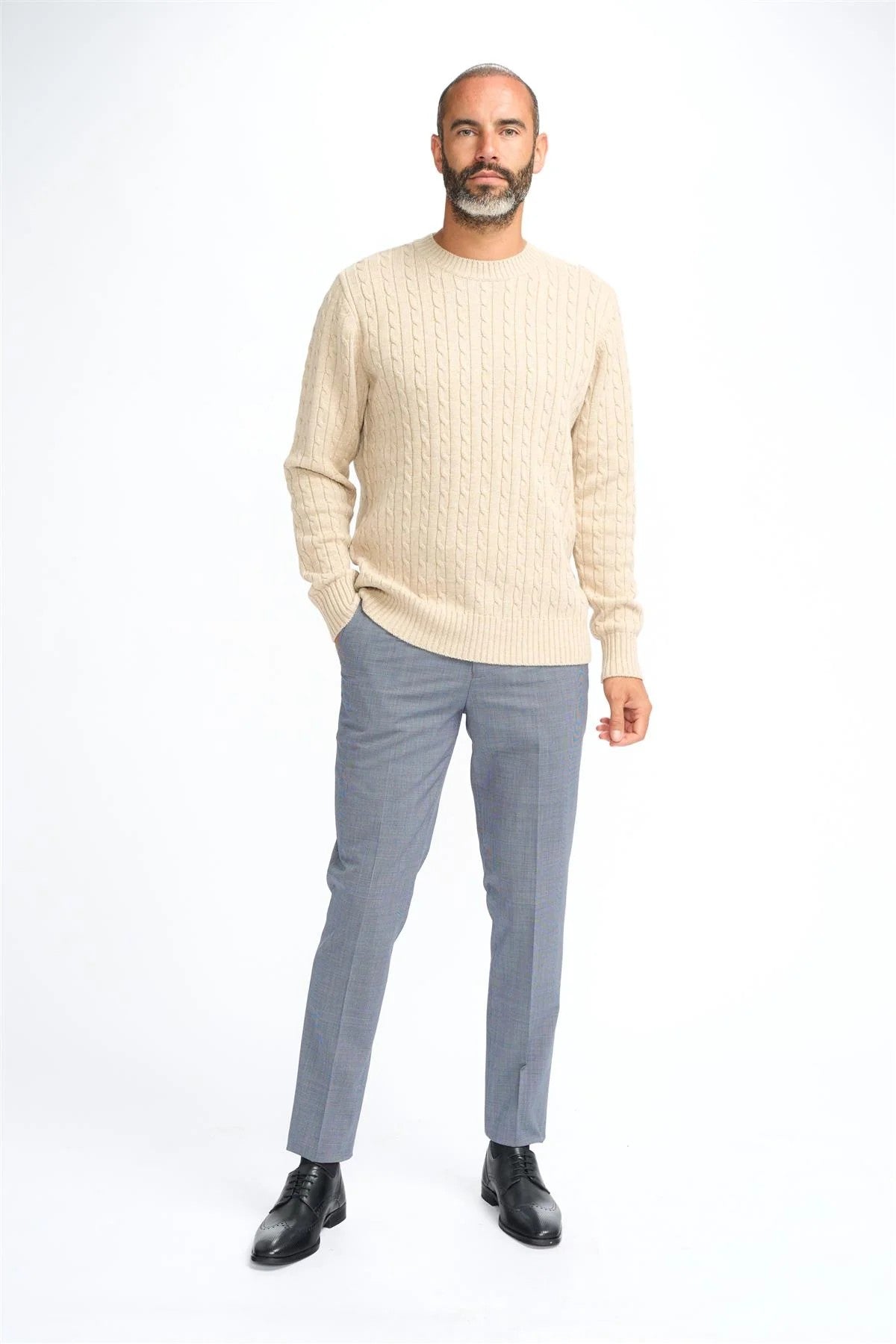 Herren Woll Kabelstrick Pullover Jumper - Foston - Beige Reh