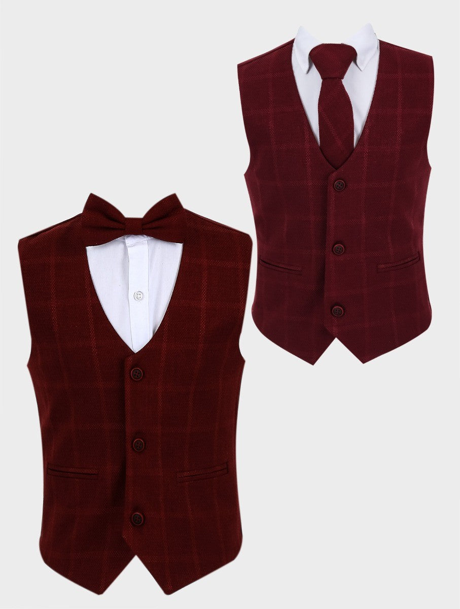 Boys Tweed Windowpane Check Cotton Waistcoat - Burgundy