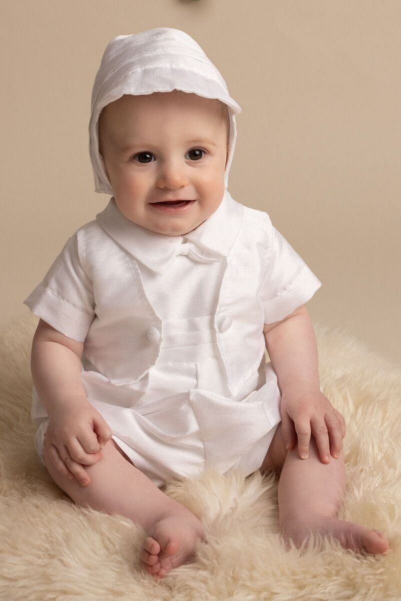 Baby Boys White Christening Romper with Bonnet - ARLO - White