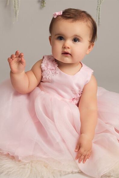 Robe en tulle avec appliqués floraux pour bébés filles - ELISE - Rose