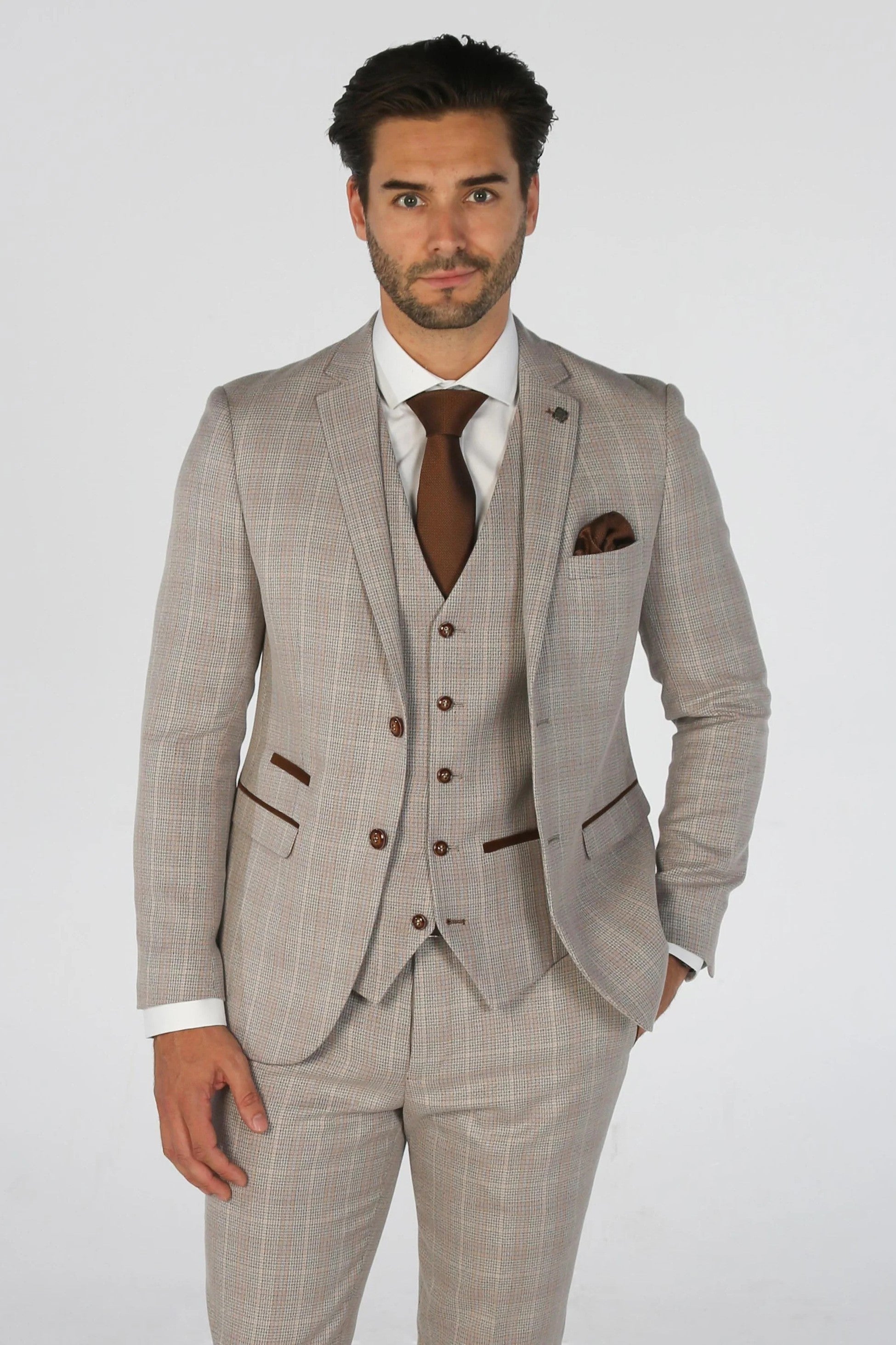 Men’s Tailored Fit Check Suit Jacket – LEO - Beige