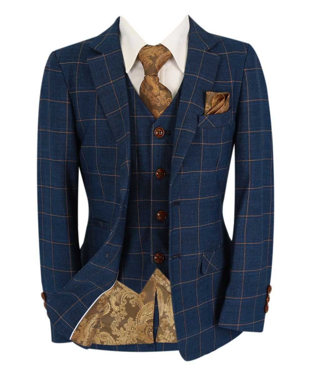 Costume Tailored Fit à Carreaux Windowpane pour Hommes - HAMLEYS - Bleu Bleuet