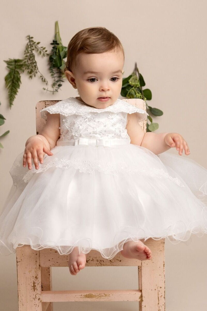 Robe de baptême en dentelle avec cape superposée pour bébés filles - HAZEL - Blanc