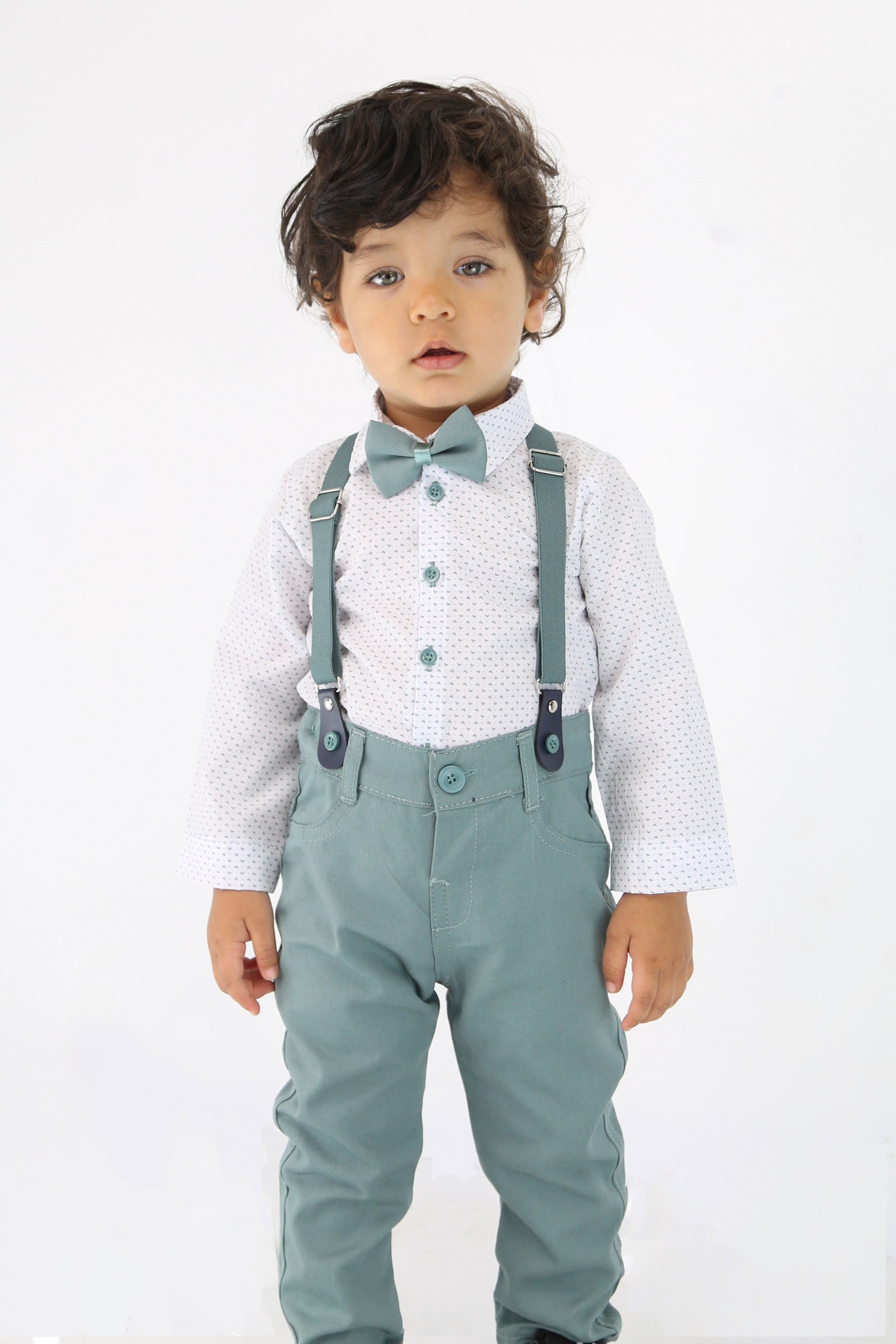 Baby Jungen Gentleman Outfit - 4-teilige Hosensatz mit Trägern - BIRD - Grün