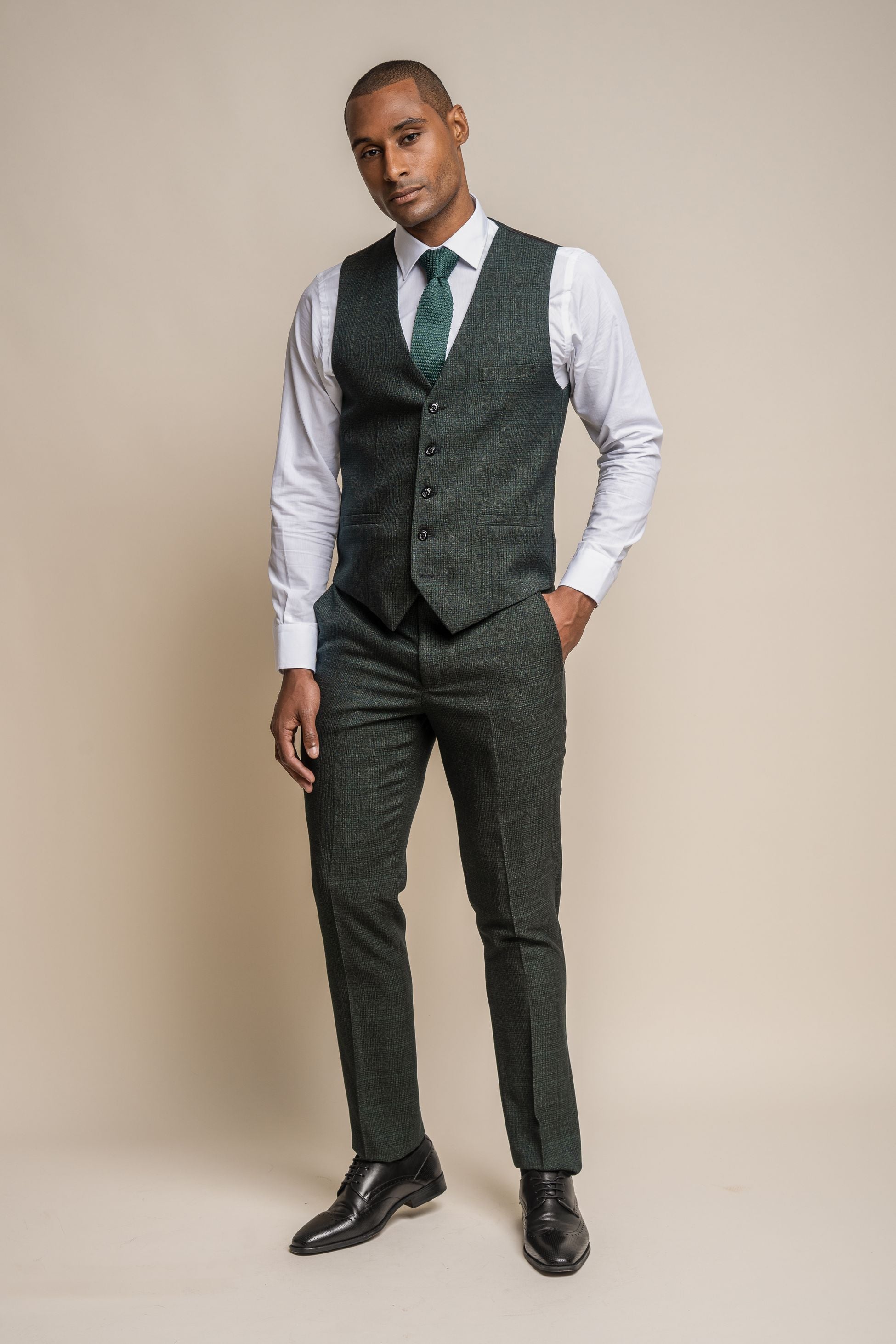 Herren Tweed Hahnentritt Karo Slim Fit Formelle Weste - CARIDI - Olivgrün