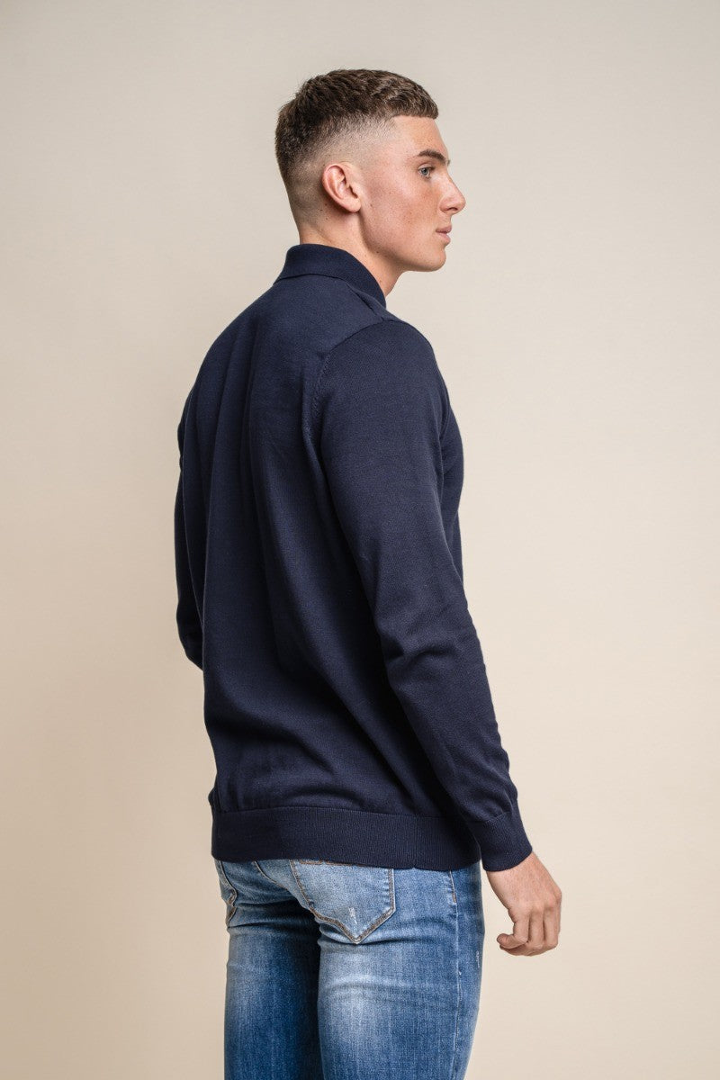 Pull en coton à col montant et zip quart pour hommes - Falcao - Bleu Marine