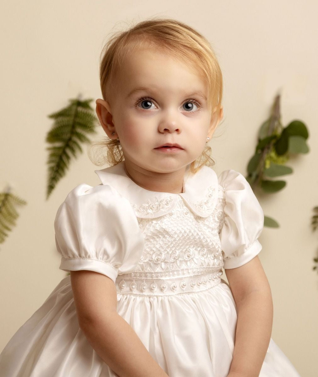 Robe en satin et perles pour filles et bébés - ZELDA - Ivoire