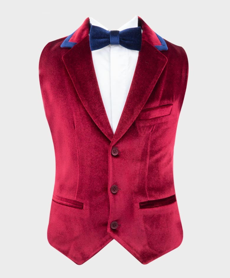 Costume en Velours Tailored Fit avec Patte de Coude pour Garçons - Rouge Bordeau