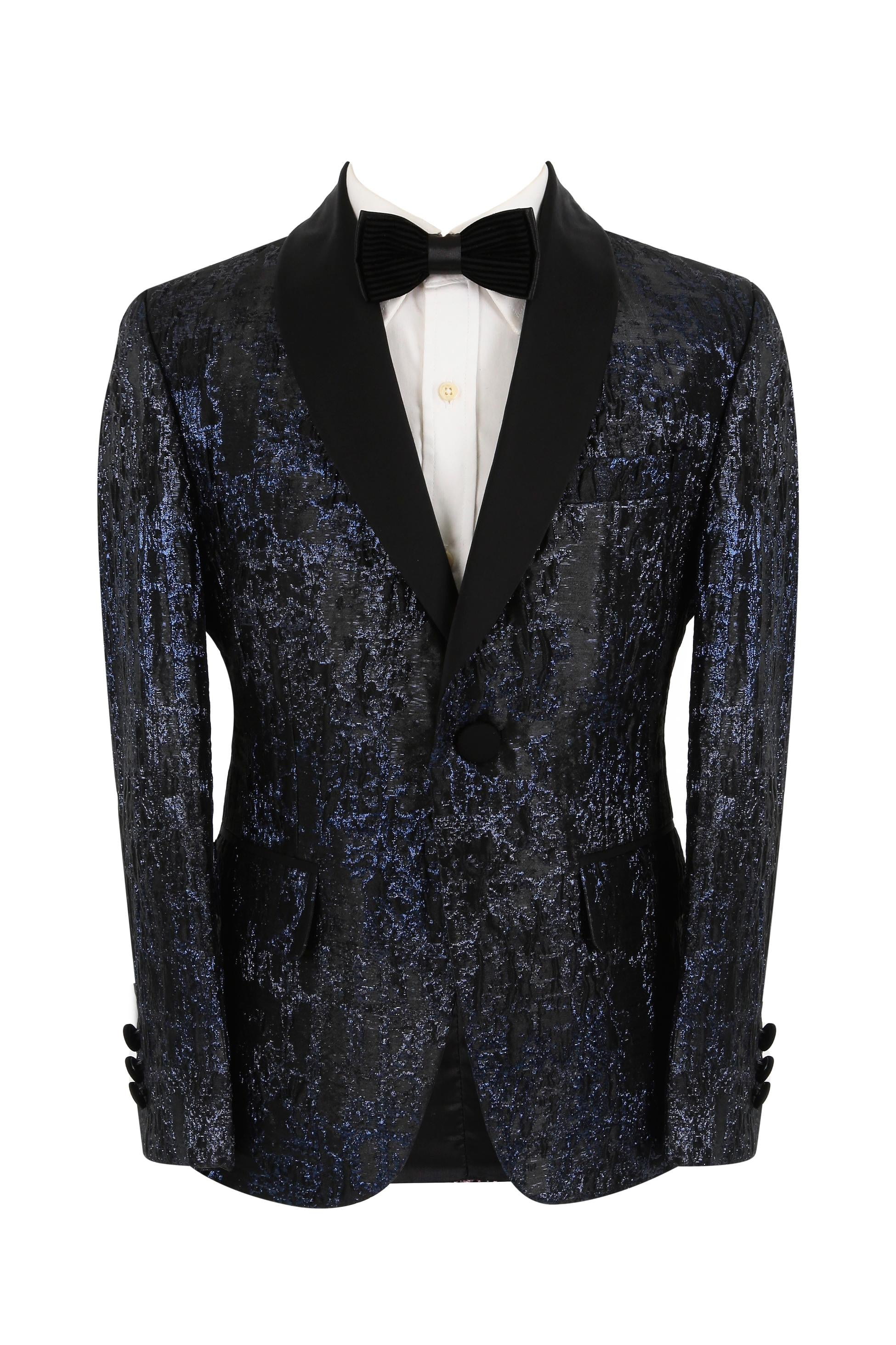 Jungen Glitzerndes Jacquard Gemustertes Tuxedo Anzug - Schwarz - Navyblau