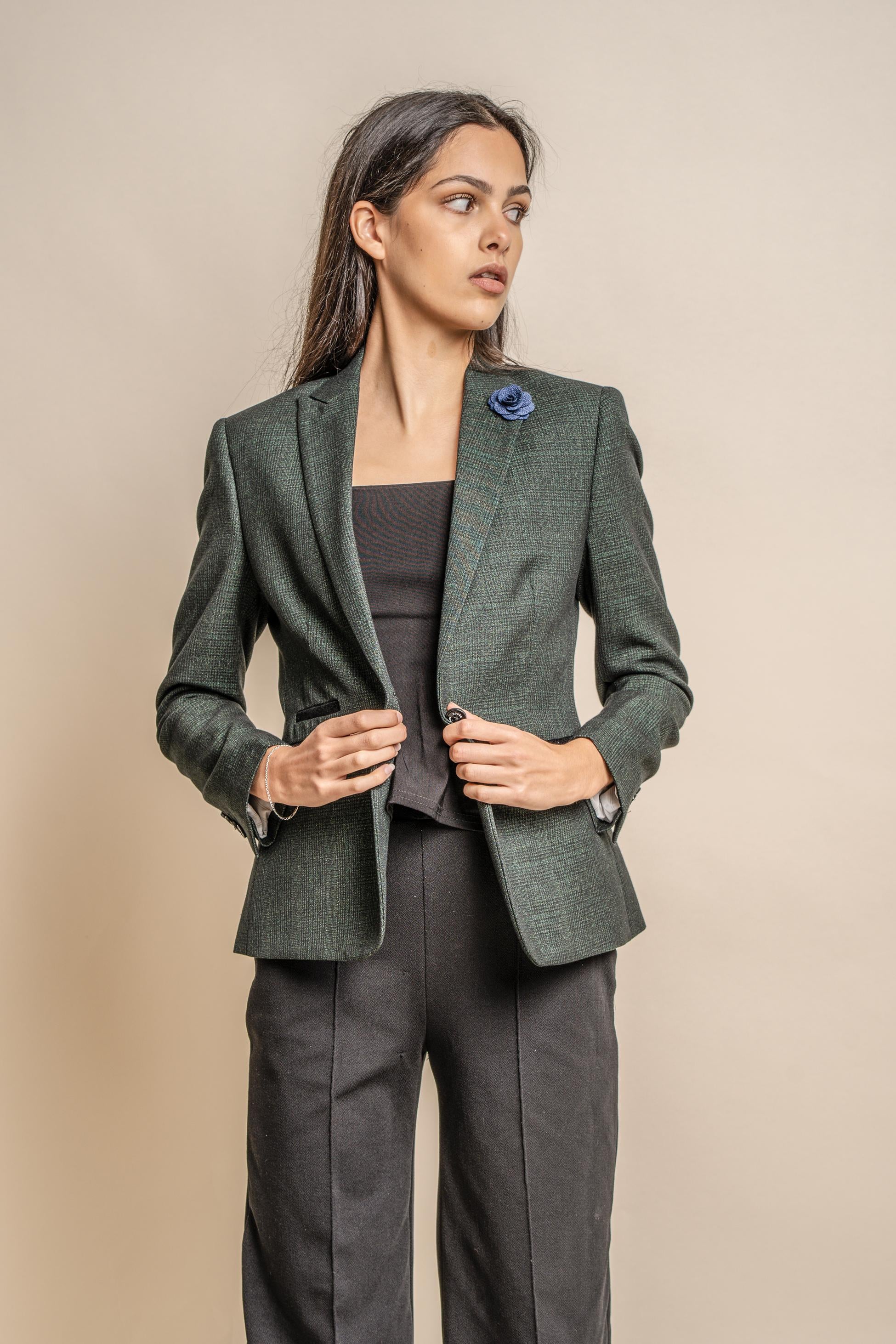 Women's Slim Fit Houndstooth Check Blazer - CARIDI - Olive Green