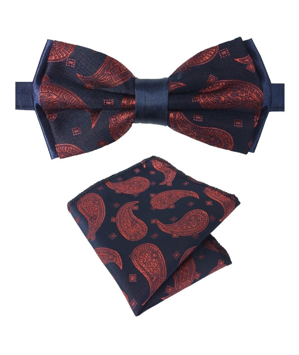 Ensemble nœud papillon et pochette de costume à motif cachemire pour garçons et hommes - Bleu marine et Rouge