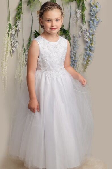 Girls Dress with Embroidery and Tulle Skirt - LYNN - White