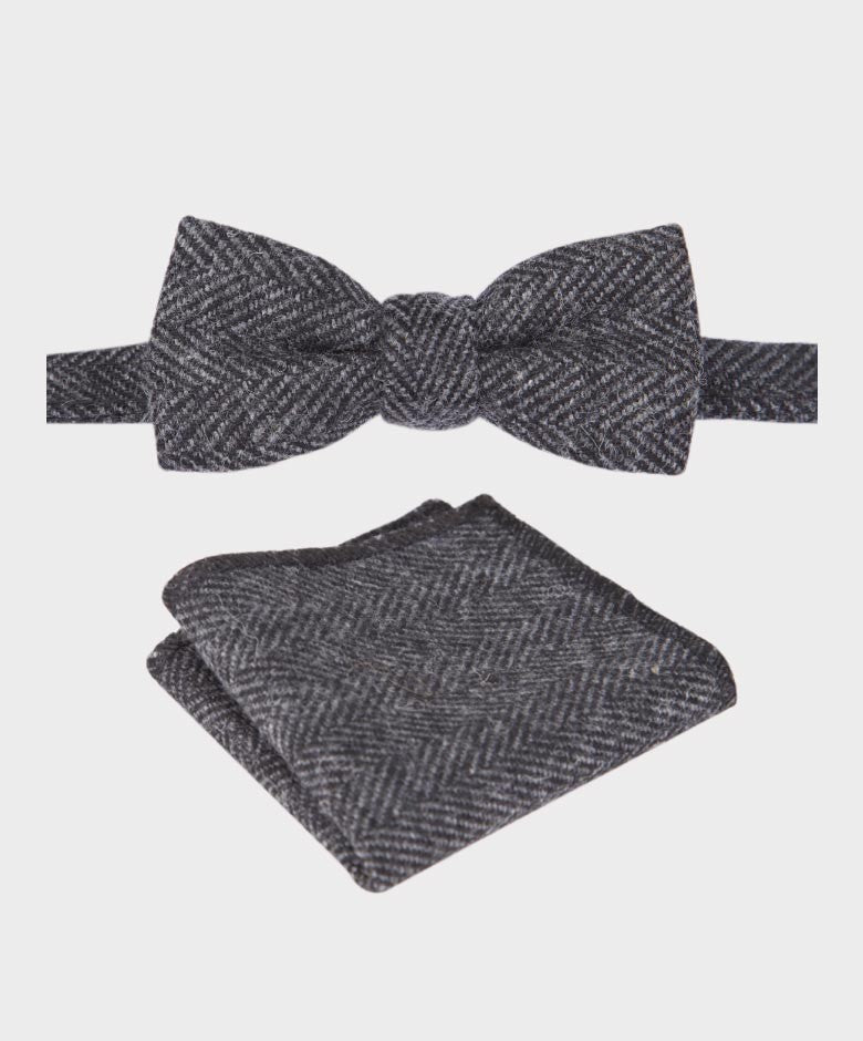 Jungen Fischgrät Tweed Fliege und Taschentuch-Set - Schwarzgrau