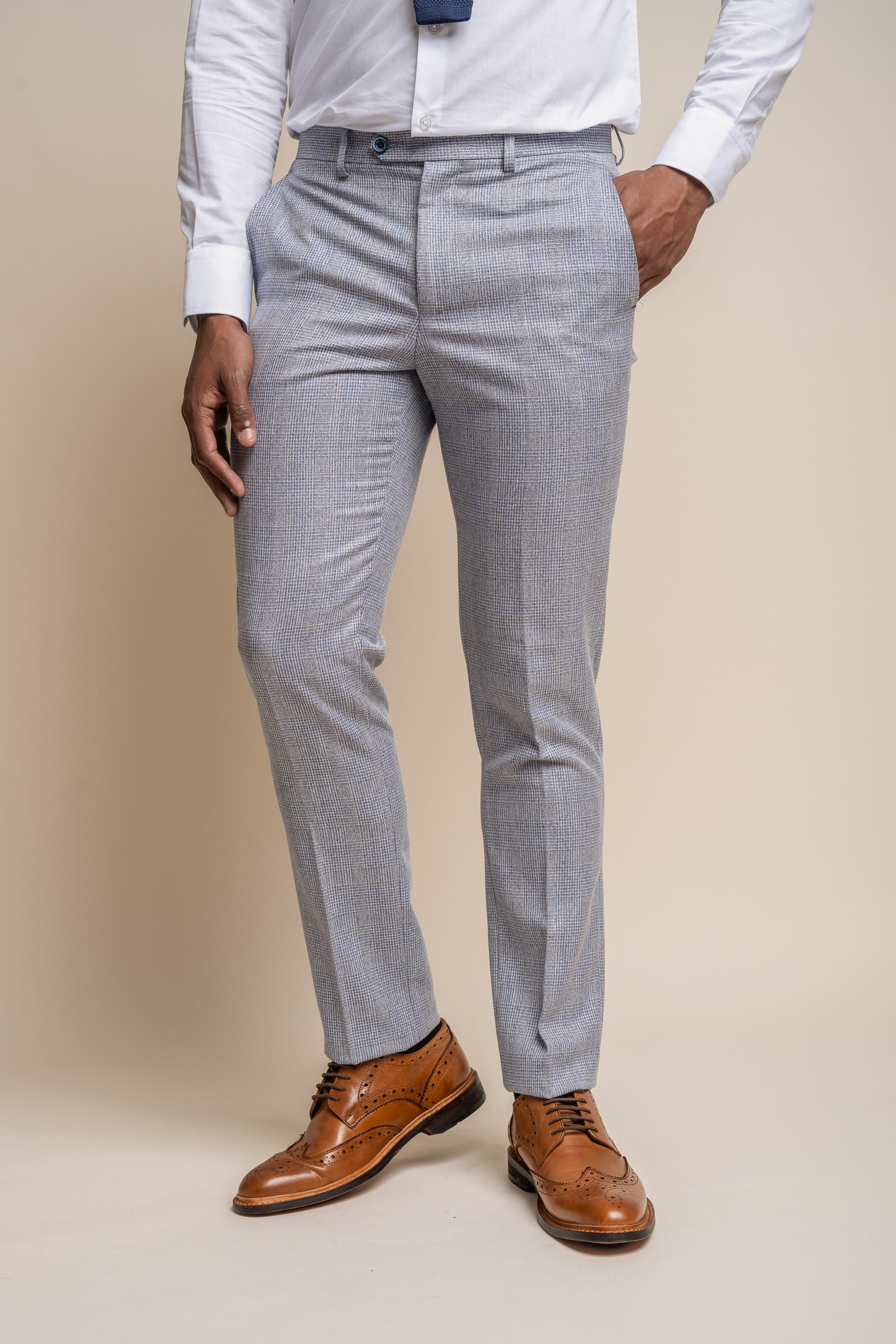 Men's Tweed Houndstooth Check Slim Fit Trousers - CARIDI - Blue