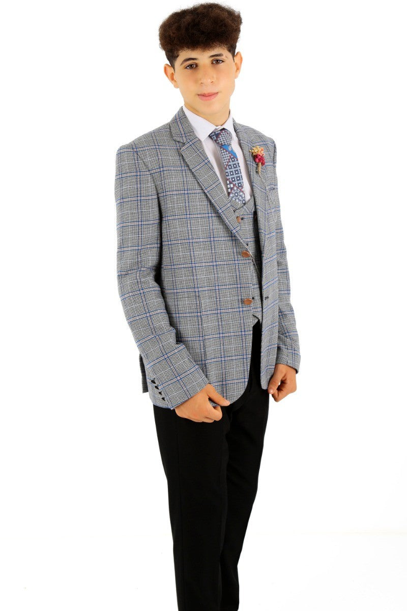 Jungen Windowpane Karo Slim Fit Anzug - Blau - Schwarz