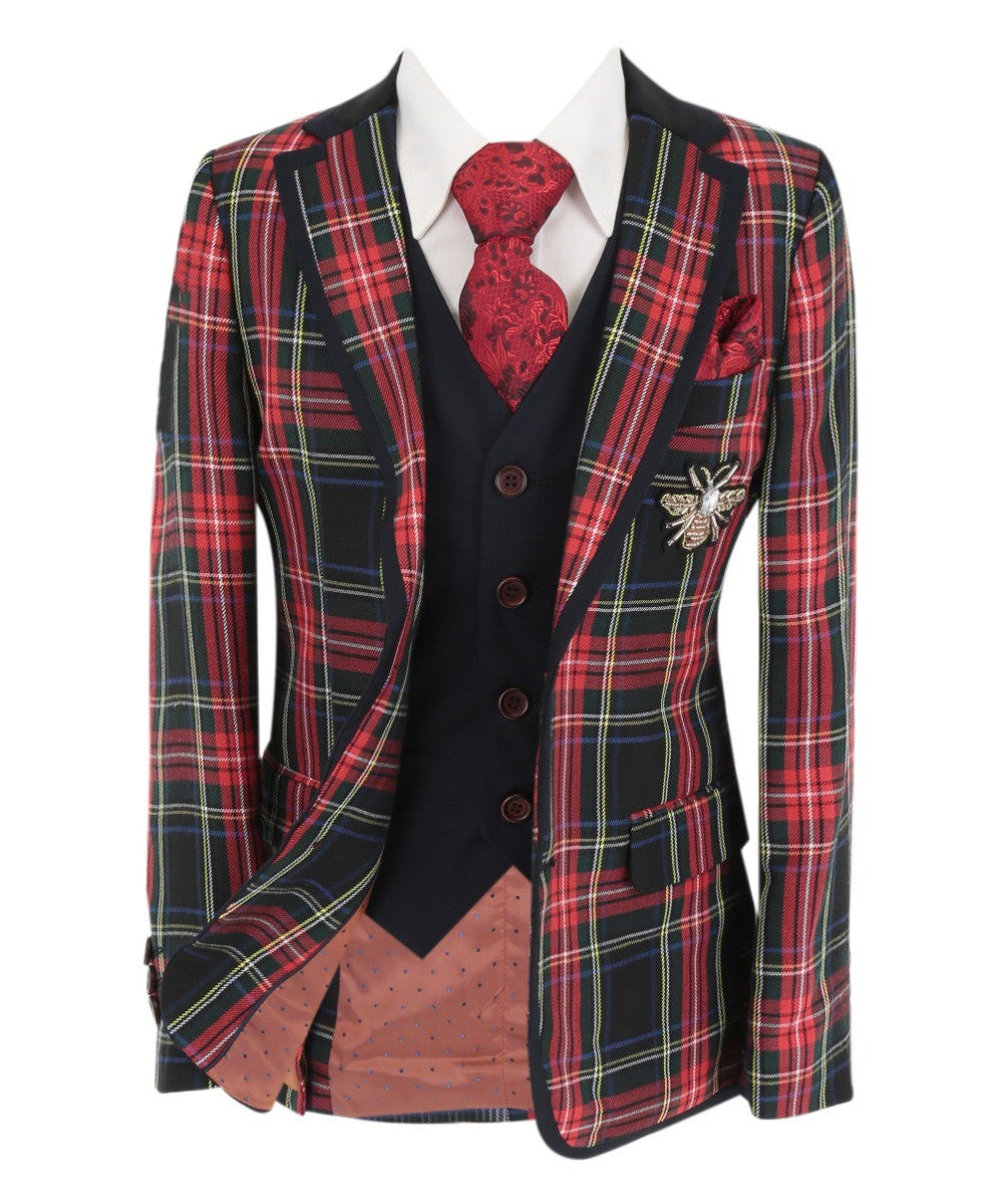 Boys Stewart Tartan Check Fashion Suit - Black and Red