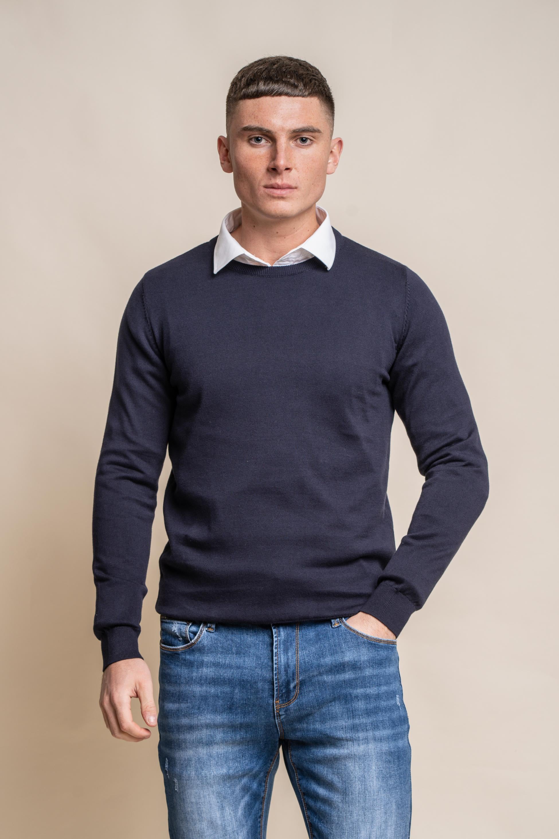 Pull en coton ajusté à col rond pour hommes - Bleu Marine