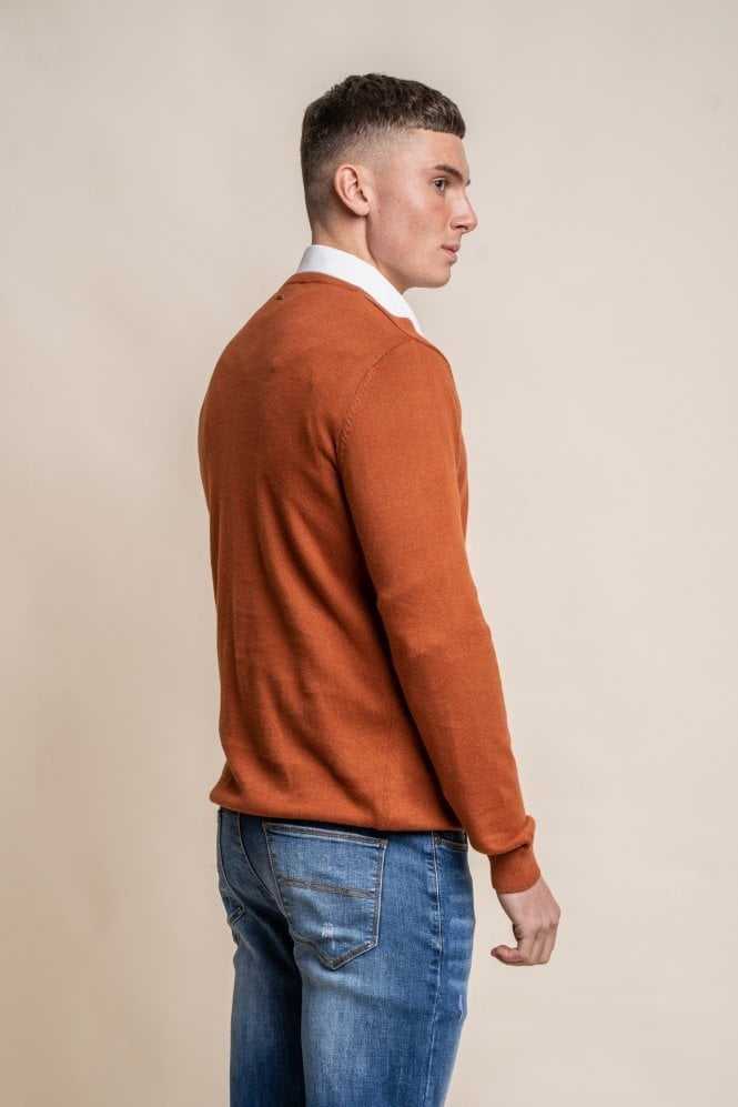 Pull en coton ajusté à col rond pour hommes - Brique Rustique