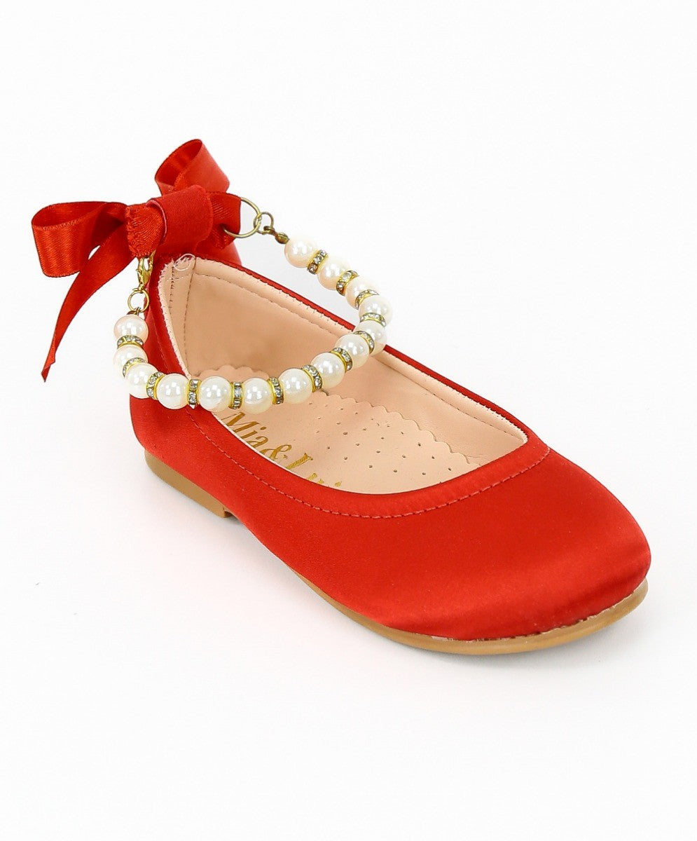 Girls Pearls Flat Mary Jane Shoes - ISABEL - Red