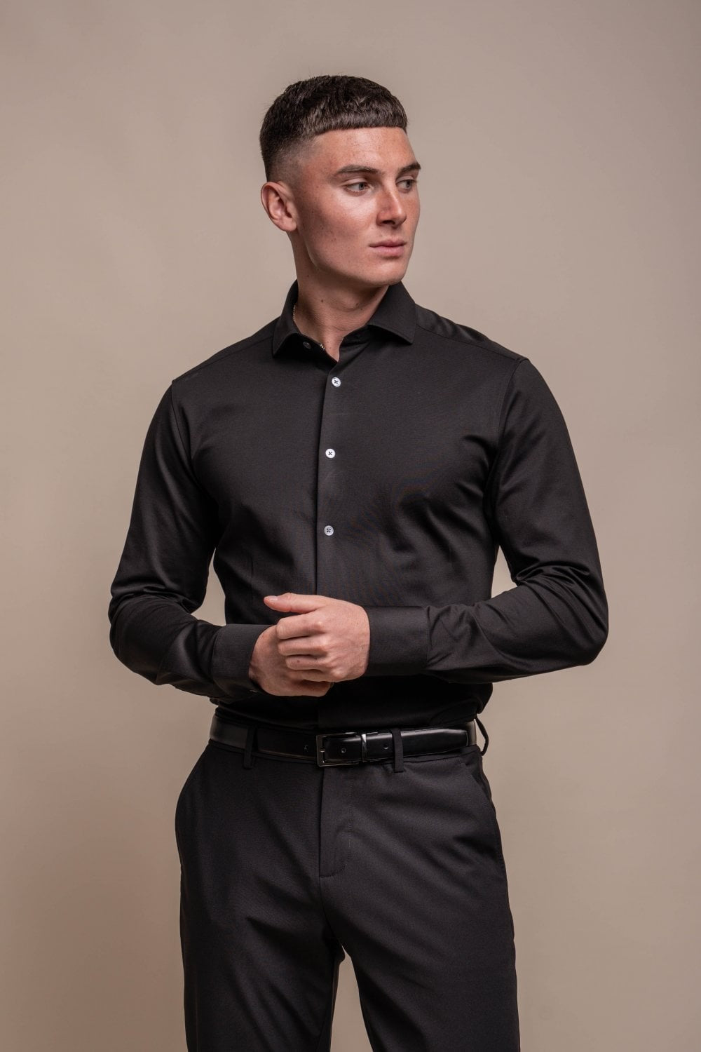 Chemise en coton ajustée à manches longues pour hommes - ASHLEY - Noir