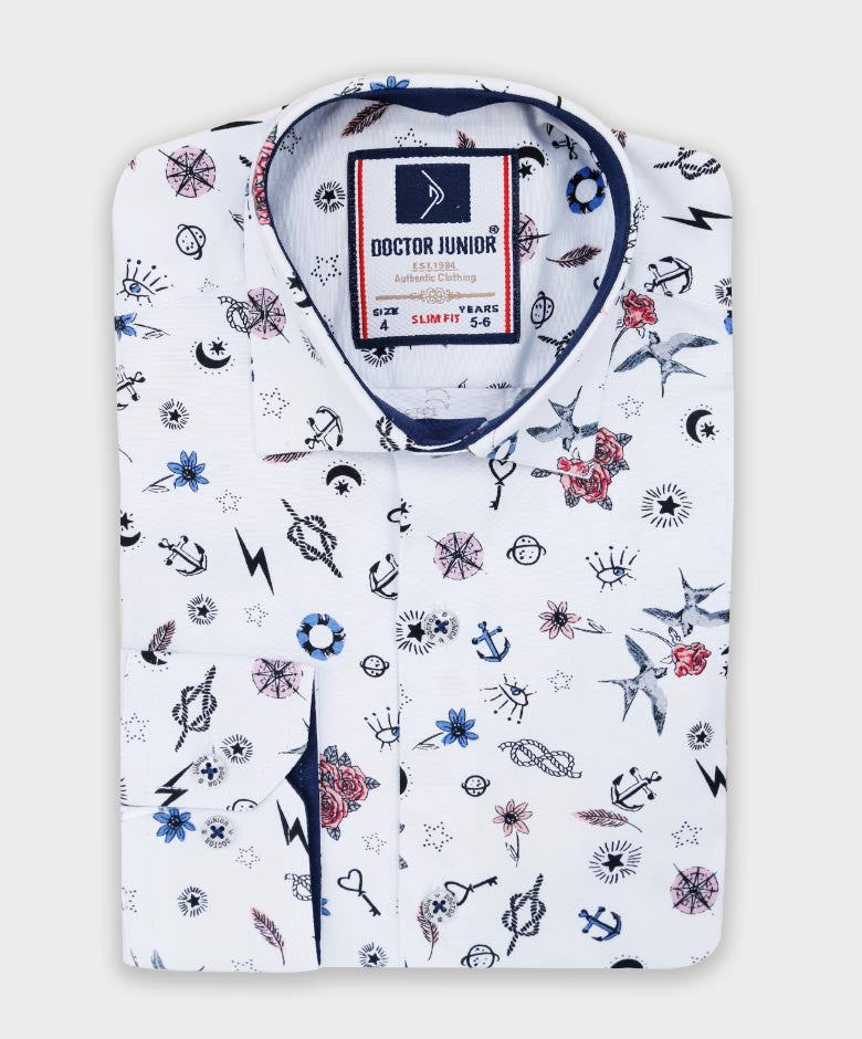 Chemise à Imprimé Nautique pour Garçons - Blanc - Bleu