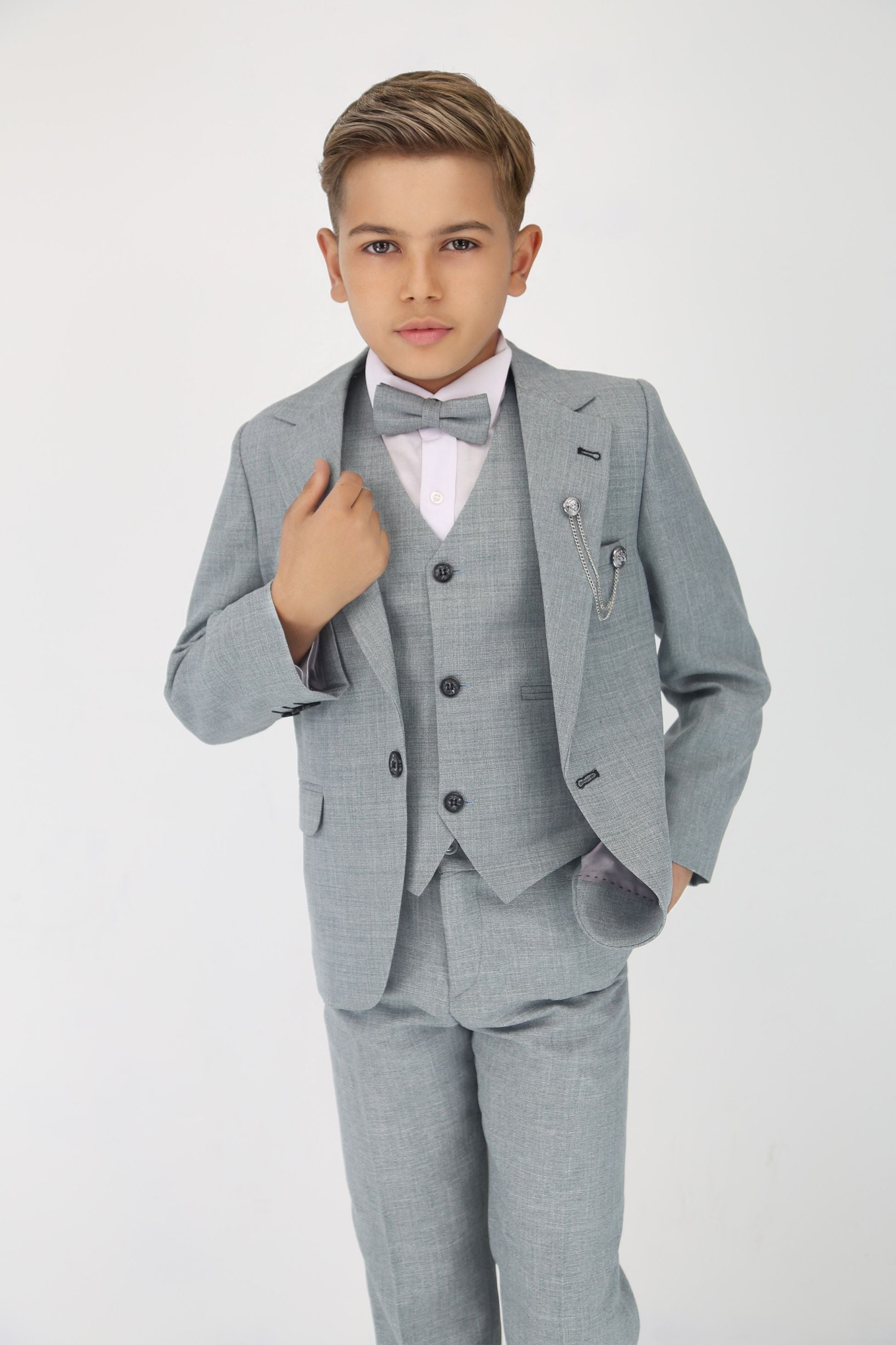 Boys Slim Fit Textured 8-Piece Formal Suit Set - Slate Grey Model Picture with Bowtie