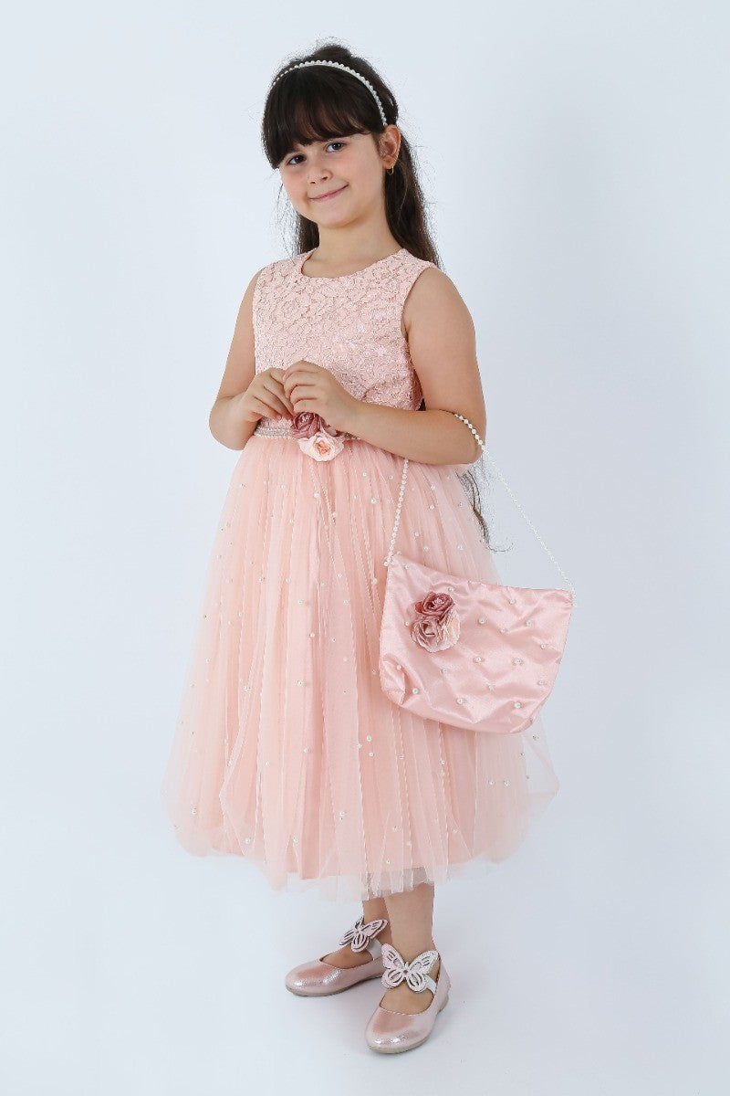 Ensemble Robe en Dentelle sans Manches en Rose Pêche pour Filles - Rose Pêche