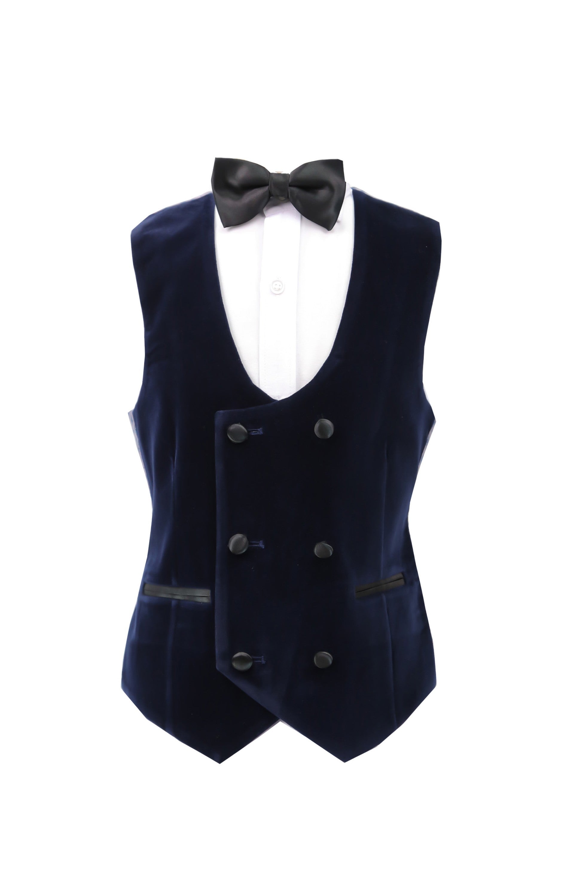 Ensemble Costume de Smoking en Velours avec Gilet Double Bouton pour Garçons - Bleu Marine