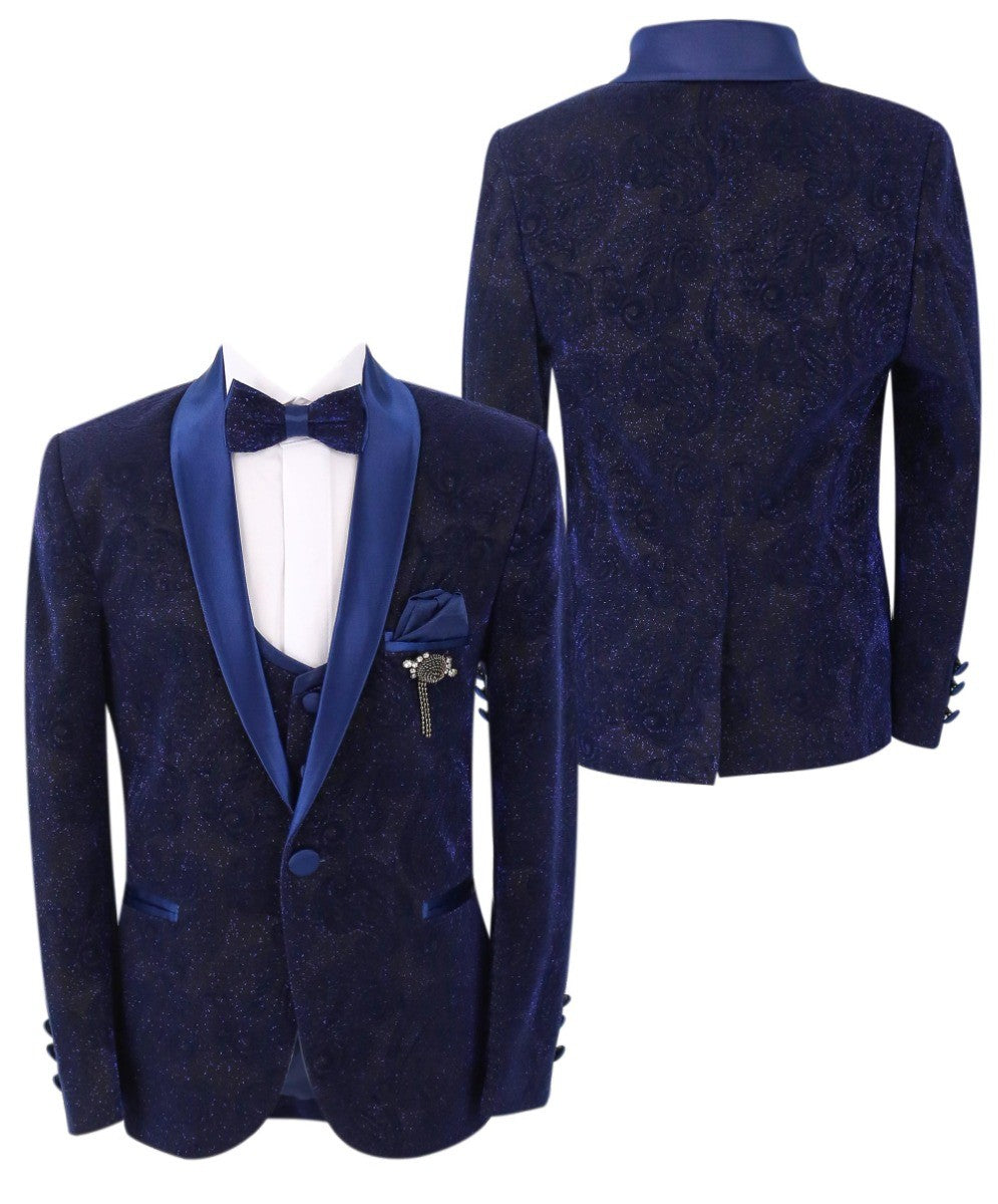 Jungen Glitzernder Slim Fit Navyblauer Tuxedo Anzug - Navyblau