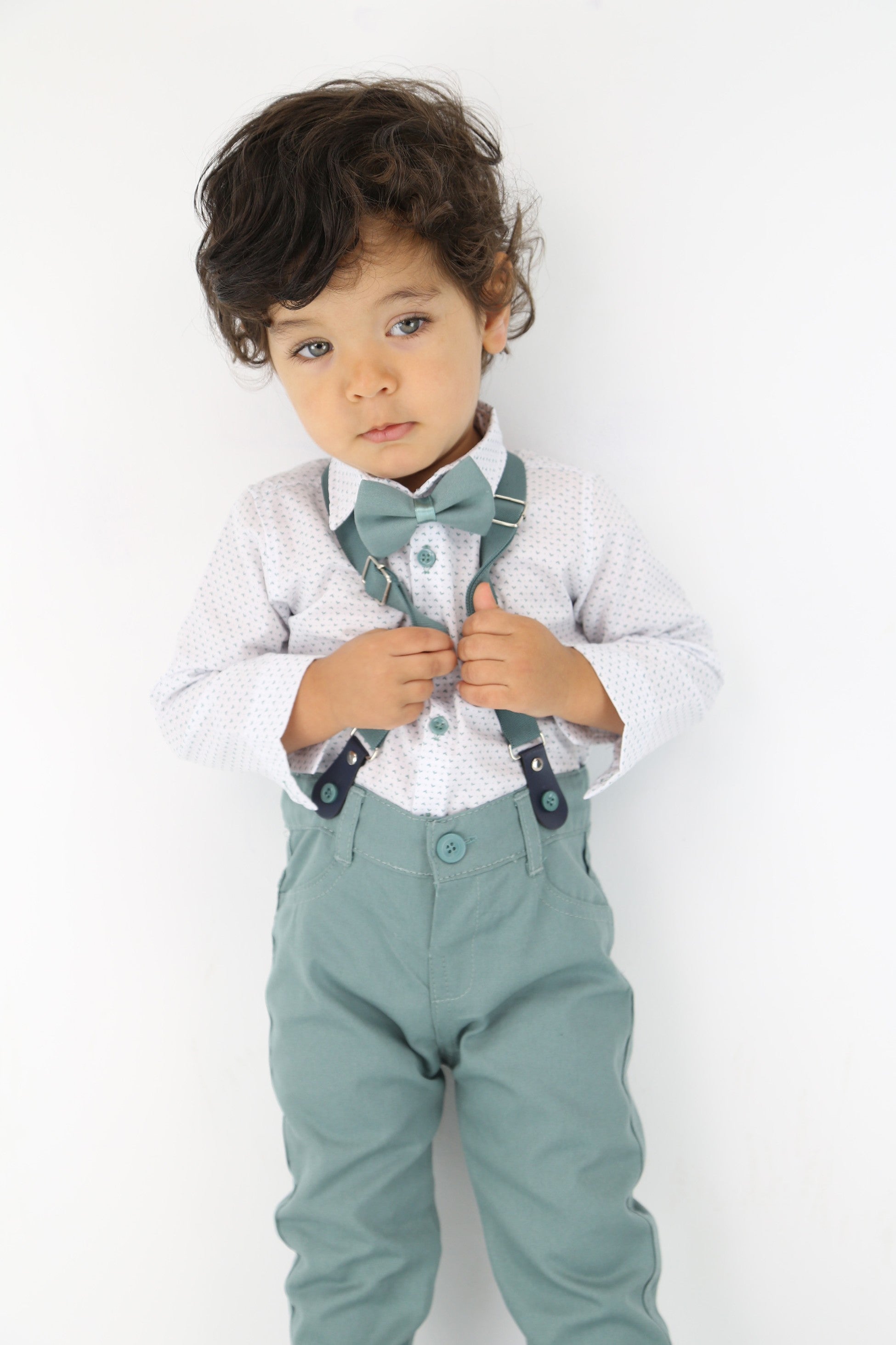 Baby Boys Gentleman Outfit - 4 PC Suspenders Pant Suit Set - BIRD - Green