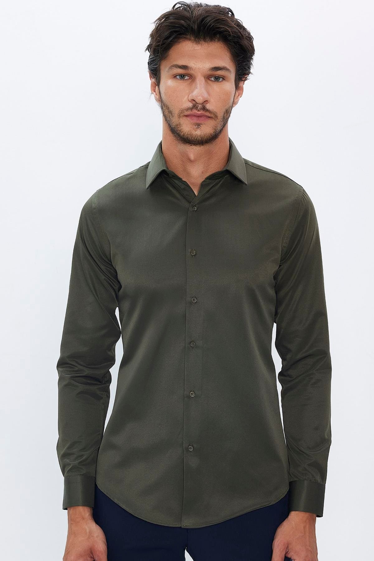 Herren Slim Fit Button-Down Baumwoll Mischung Hemd - Dimi Dotti - Khaki Grün