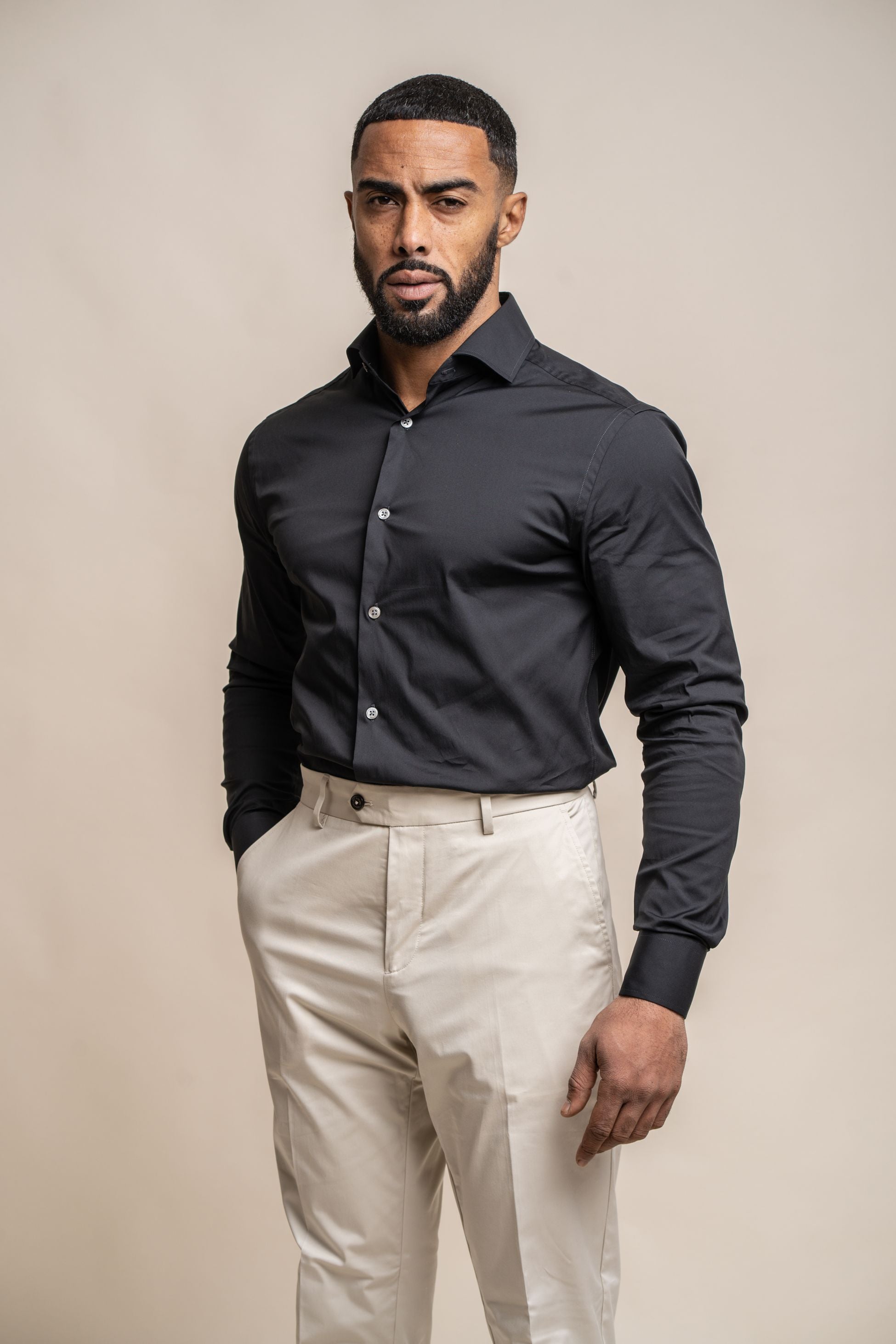 Chemise habillée ajustée en mélange de coton pour hommes - MONACO - Noir