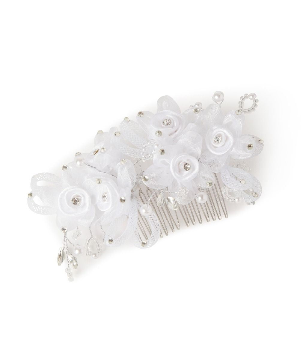 Girls Floral Pearls and Crystals White Hair Comb - HP332