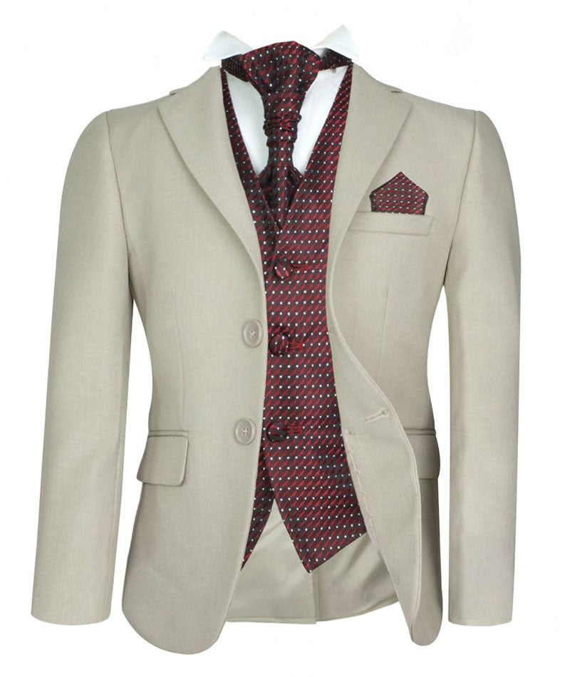 Boys Beige Suit with Patterned Waistcoat and Cravat Set - Beige