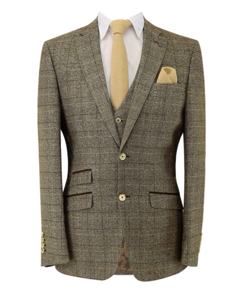 Herren Tweed Windowpane Karo Anzugjacke - LIAM Beige - Beige