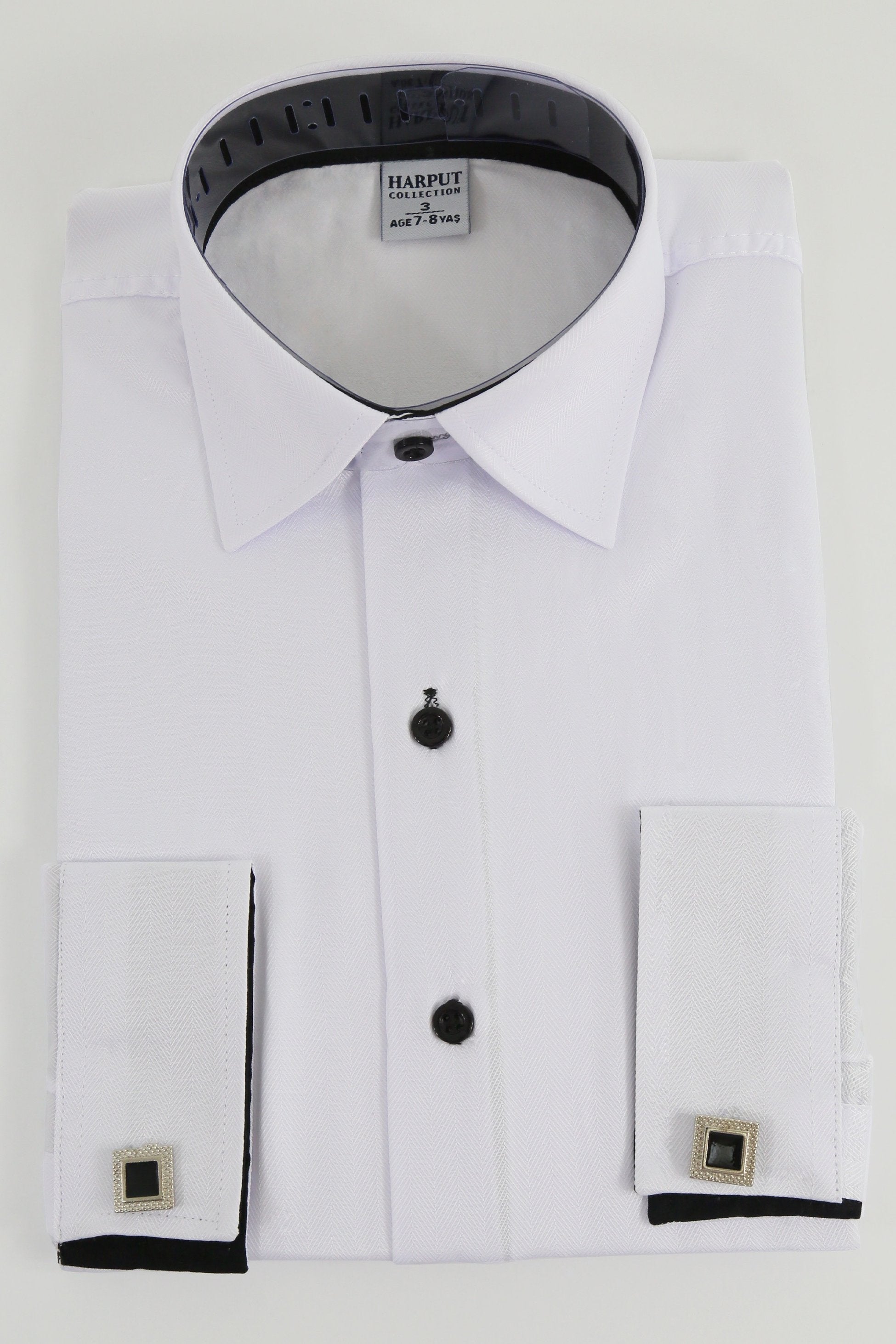 Chemise habillée formelle blanche avec boutons de manchette pour garçons - Motif Herringbone - HARPUT - Blanc