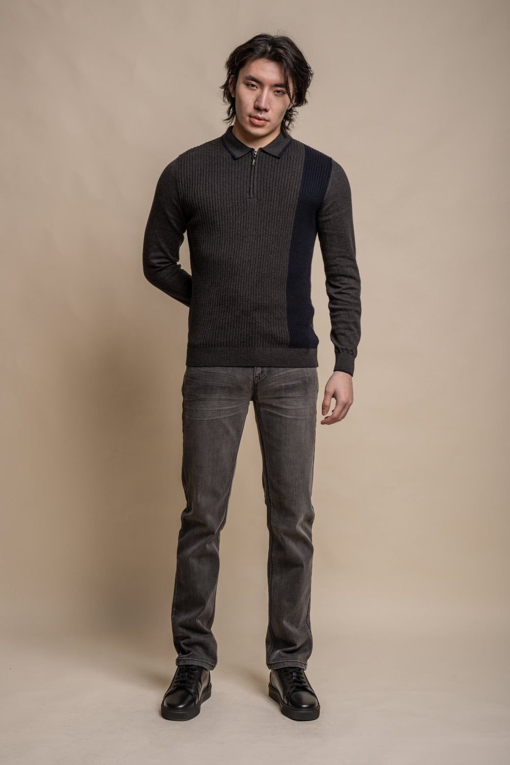 Polo en coton texturé à zip pour hommes - Gris Anthracite