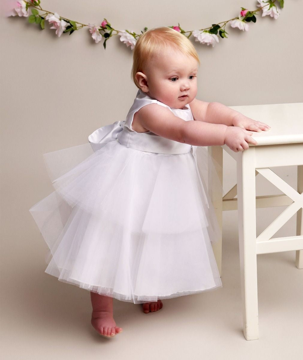 Baby Mädchen Taufkleid mit Satin Schleife - K038 - Weiß