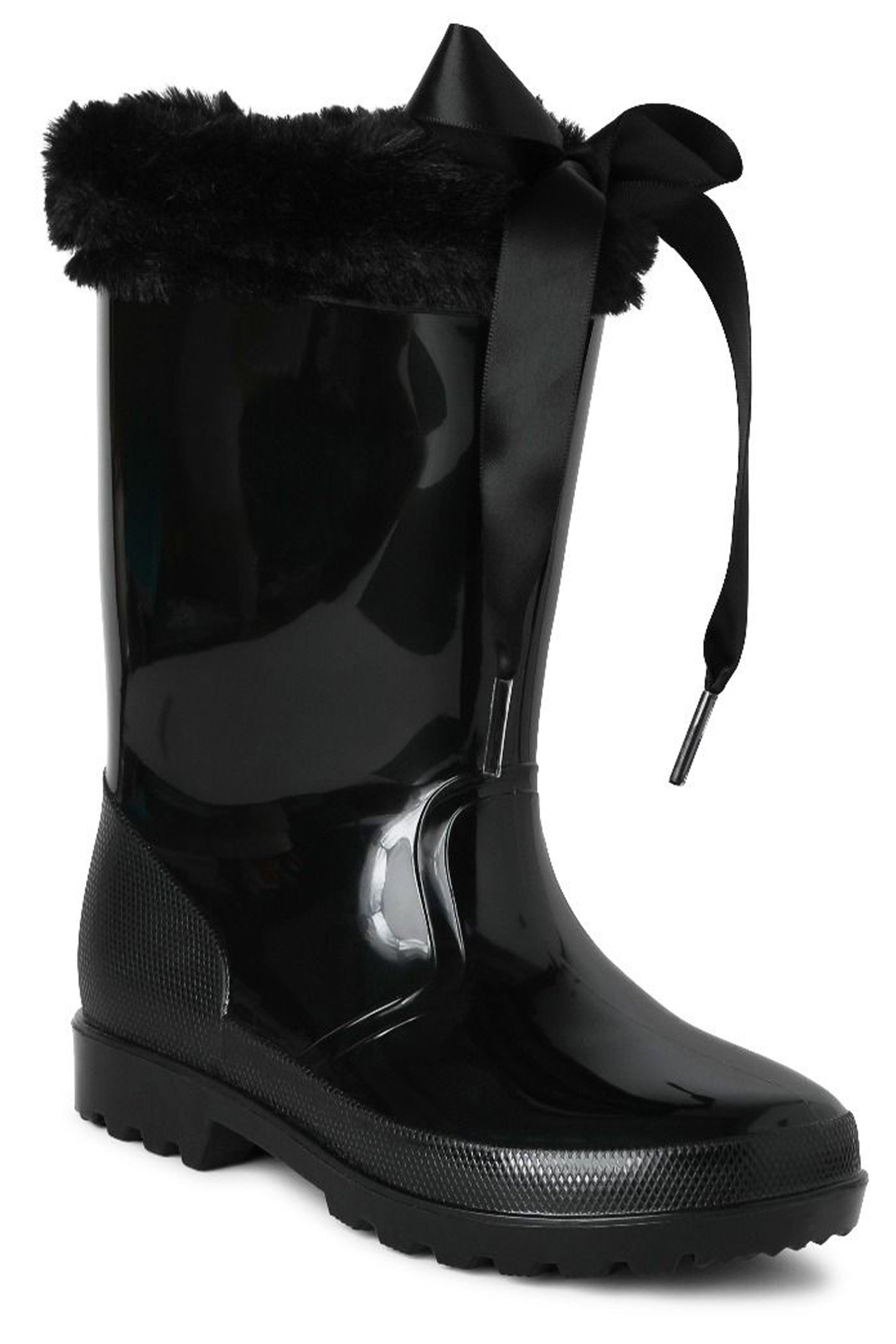 Bottes de pluie à ruban avec fausse fourrure, imperméables pour filles - VIVIAN - Noir