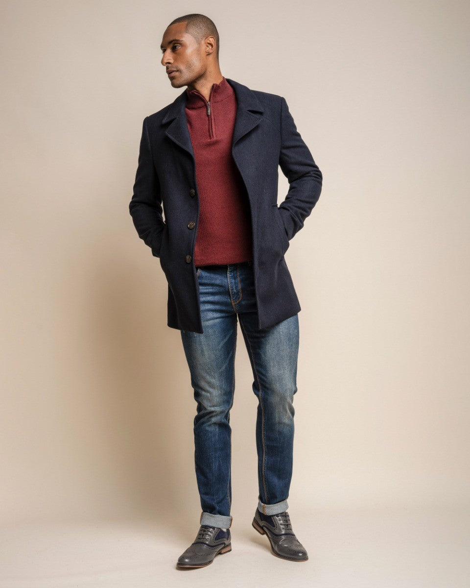 Manteau Mi-Long en Laine Mélangée pour Homme - NELSON - Bleu Marine